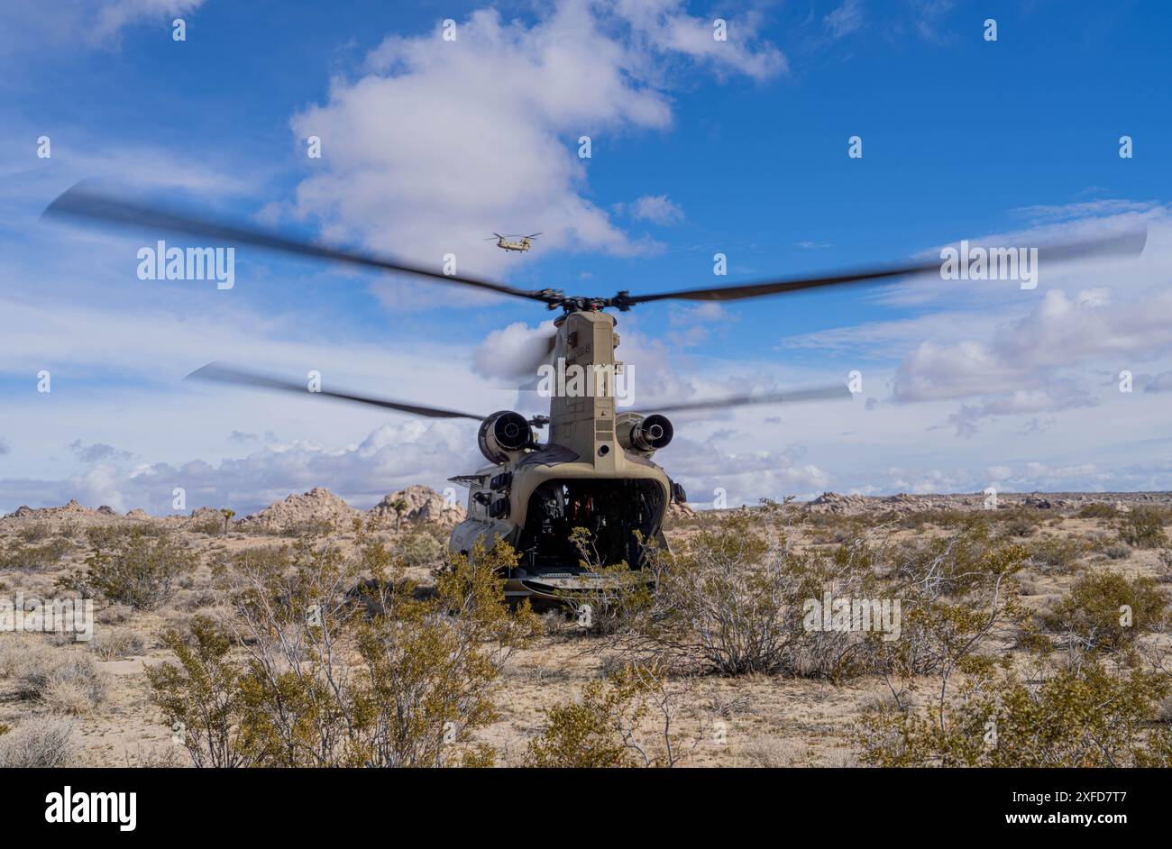 CH-47F Chinook de l'armée américaine affecté à la compagnie Bravo, 2e bataillon, 501e régiment d'aviation, brigade d'aviation de combat, 1re division blindée, se prépare à décoller après avoir déposé l'équipement lors de la NTC 24-03 au National Training Center, Californie, le 21 janvier 2024. (Photo de l'armée américaine par le SPC David Poleski) Banque D'Images