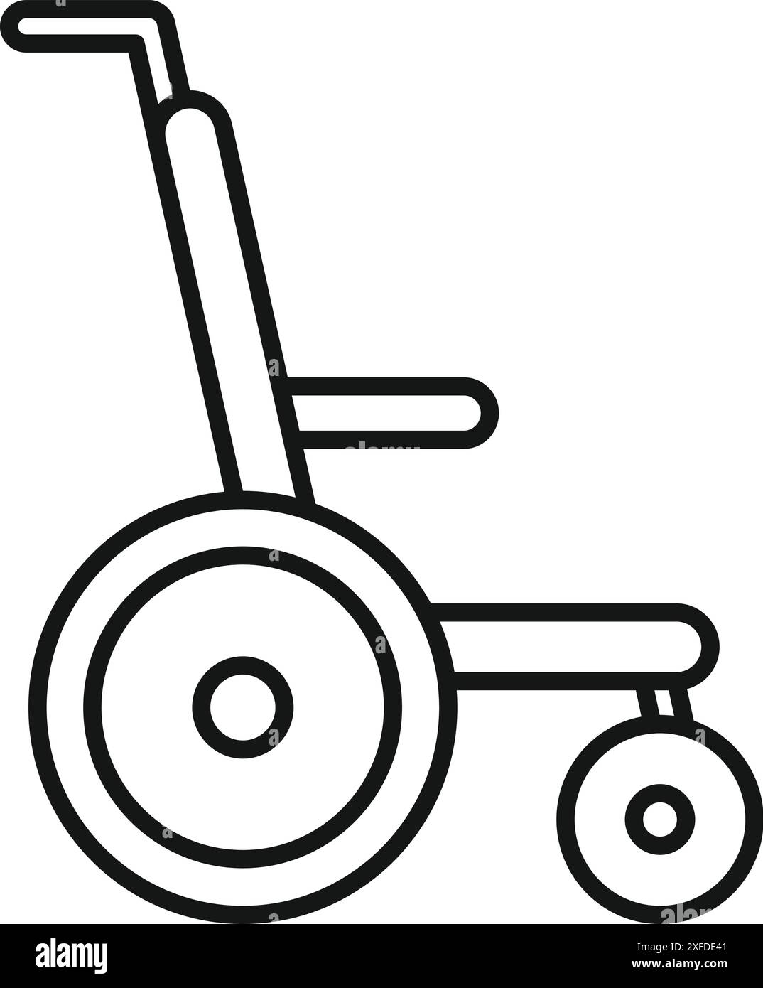 Simple dessin au trait d'un fauteuil roulant vu de côté, montrant les roues, les accoudoirs et les repose-pieds Illustration de Vecteur