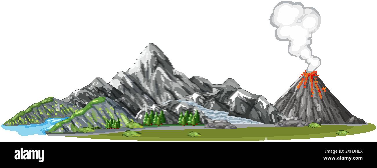 Illustration de montagnes, volcan, rivière et arbres Illustration de Vecteur