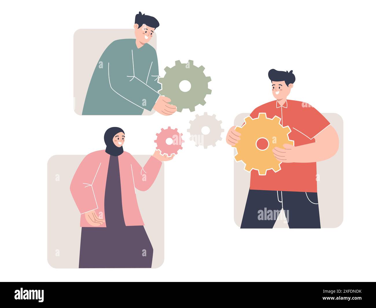Équipe tenant des engrenages roue dentée reliant les uns aux autres concept de communauté de collaboration illustration vectorielle de couleur douce Illustration de Vecteur