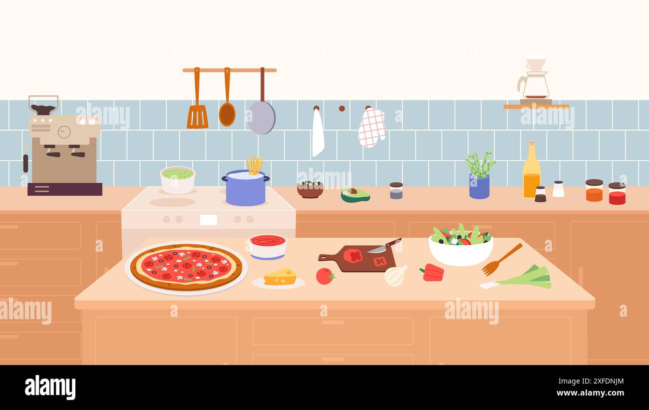 Dîner italien sur la cuisine maison. Salade de pizza maison et pâtes avec fromage et sauce tomate. Cafetière, aliments et légumes, vecteur de processus de cuisson Illustration de Vecteur