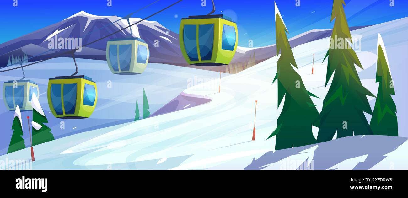 Station de ski d'hiver avec téléphériques dans les montagnes. Illustration de dessin animé vectoriel de télécabine transportant des touristes au-dessus de la pente enneigée et des arbres, paysage alpin, loisirs de vacances Illustration de Vecteur