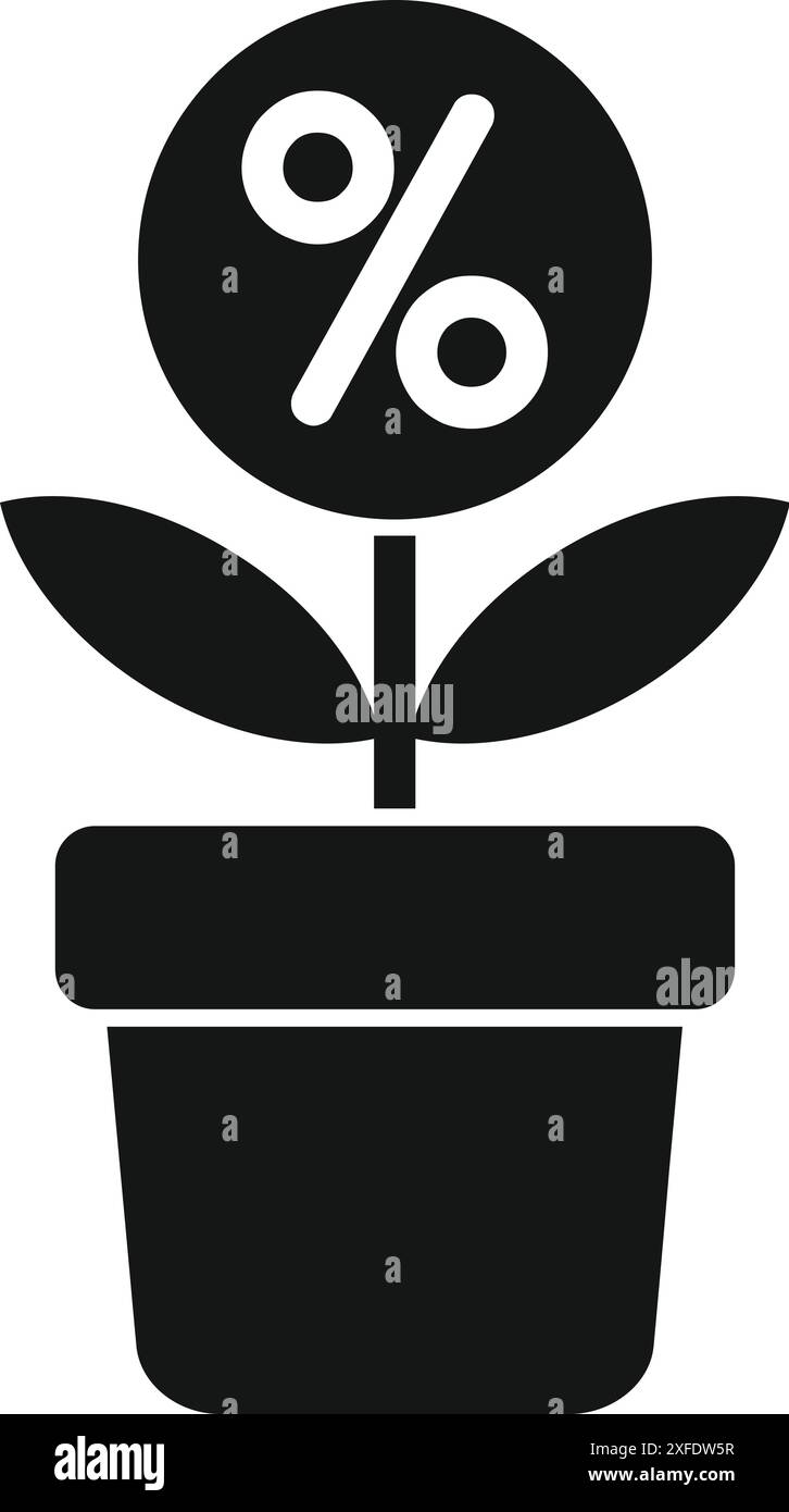 Icône de glyphe noir représentant un signe de pourcentage grandissant dans un pot de fleurs, symbolisant la croissance financière et les investissements réussis Illustration de Vecteur