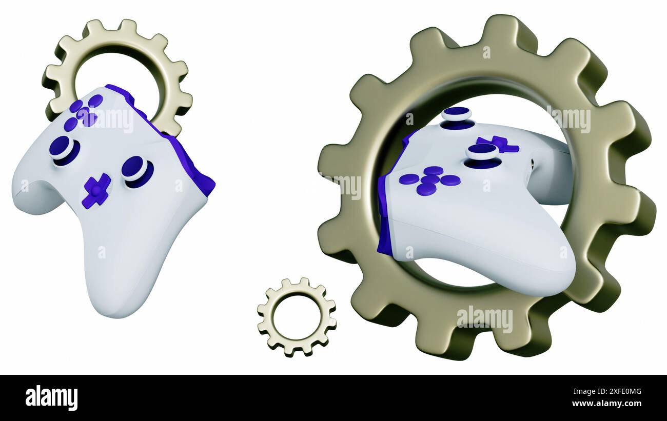 rendu 3d de la console de jeu et de la roue dentée, comme symbole du développement de jeu Banque D'Images
