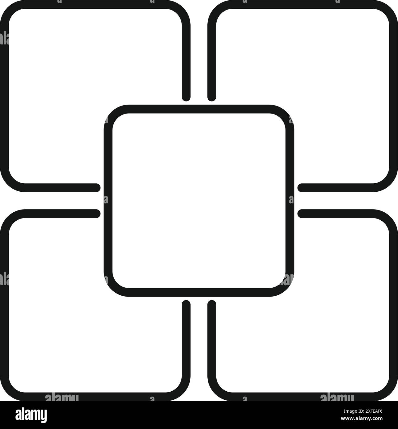 Illustration minimaliste avec une forme de croix faite de cinq carrés vides reliés par des coins arrondis Illustration de Vecteur