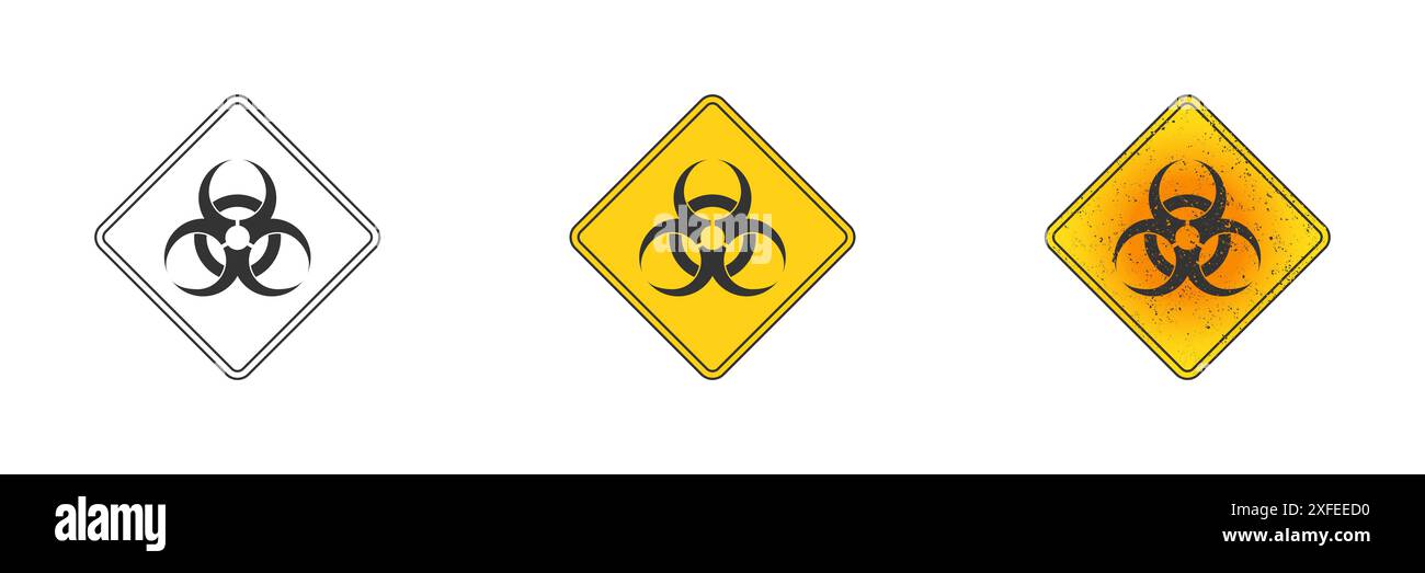 Symbole de danger biologique. Contour, jaune plat et jaune avec texture grunge. Illustration vectorielle plate. Illustration de Vecteur