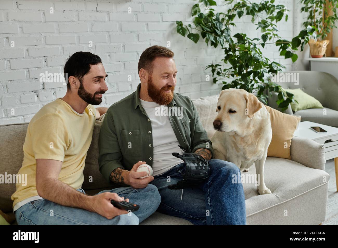 Deux hommes avec des barbes regardent les sports sur le canapé avec leur chien labrador sympathique dans le salon confortable. Banque D'Images