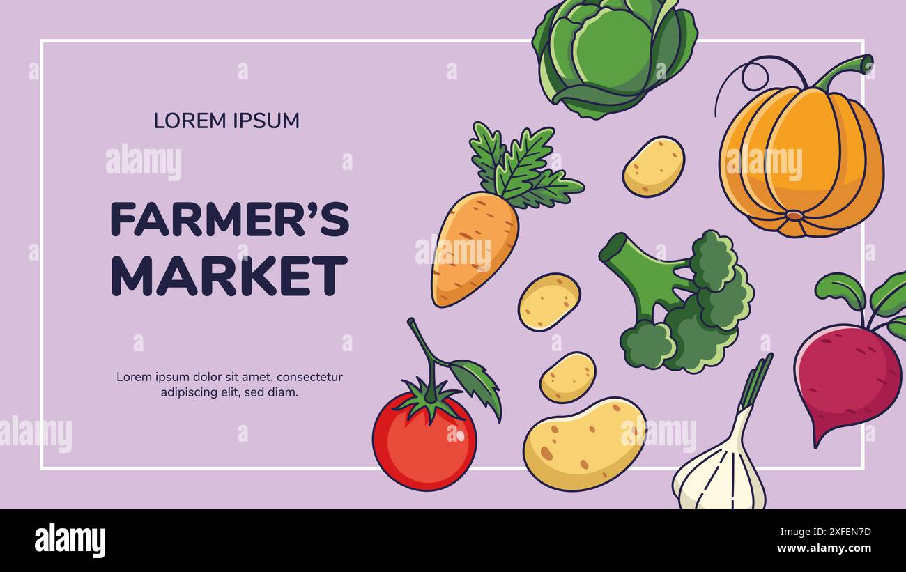 Conception de flyer de marché de fermiers avec des légumes de bande dessinée. Affiche de style manga. Conception plate. Affiche publicitaire, carte, bannière, dépliant, promo, page web. Concept de marché agricole. Illustration de Vecteur