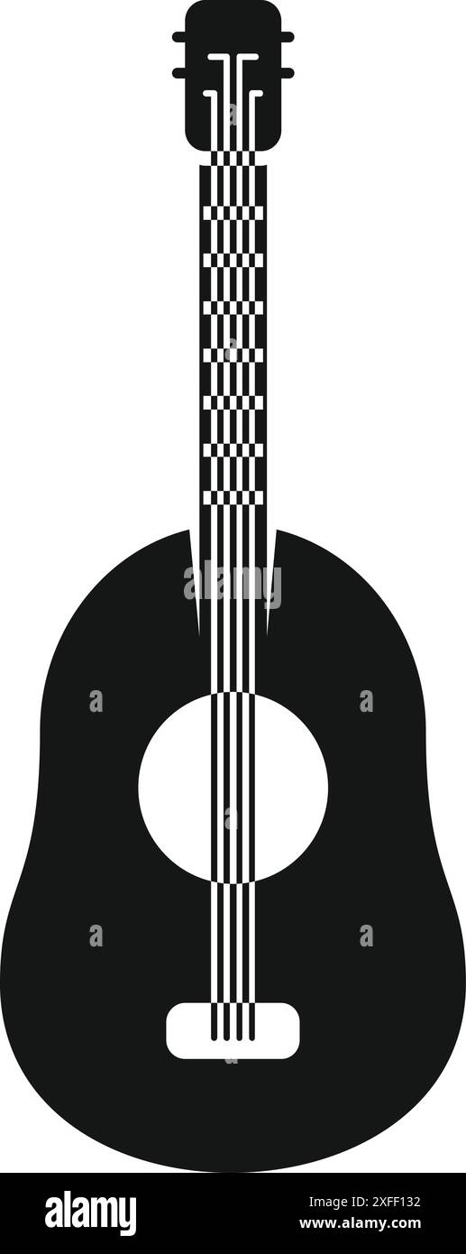 Forme noire simple d'une guitare acoustique avec des cordes et un trou sonore, isolé sur un fond blanc Illustration de Vecteur