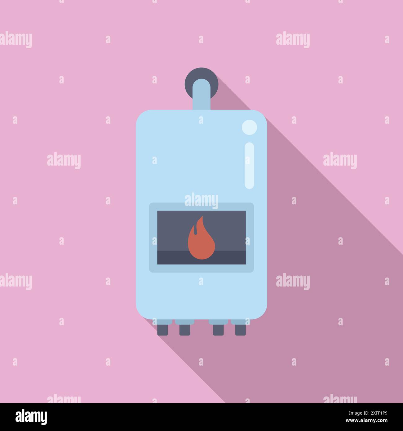 Chaudière à gaz domestique bleue fournissant chauffage et eau chaude avec un symbole de flamme brûlante Illustration de Vecteur