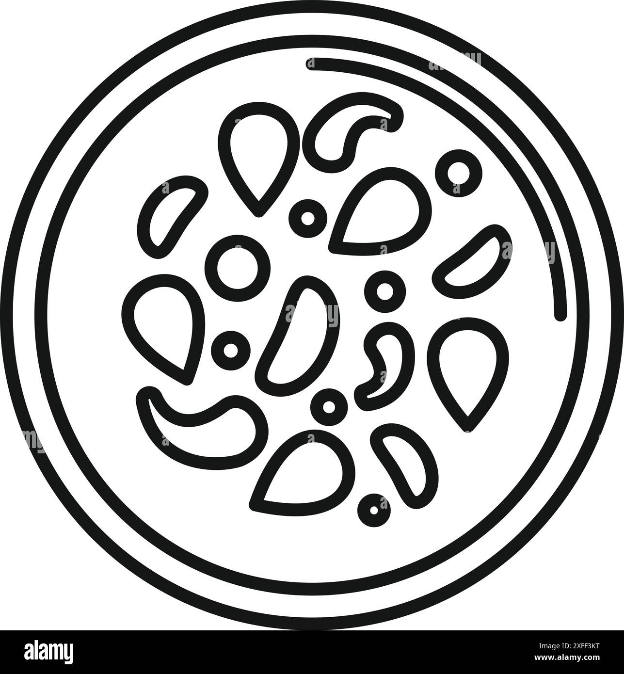 Icône de dessin au trait d'une boîte de Pétri contenant des bactéries se développant dans un milieu nutritif, souvent utilisée dans la recherche scientifique Illustration de Vecteur