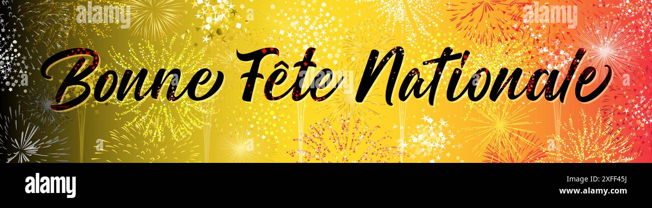 Joyeuse fête nationale texte français, salutations belges. Bannière horizontale. Décoration de vacances. Bouton Web publicitaire. Fond festif avec 3D brillant Illustration de Vecteur