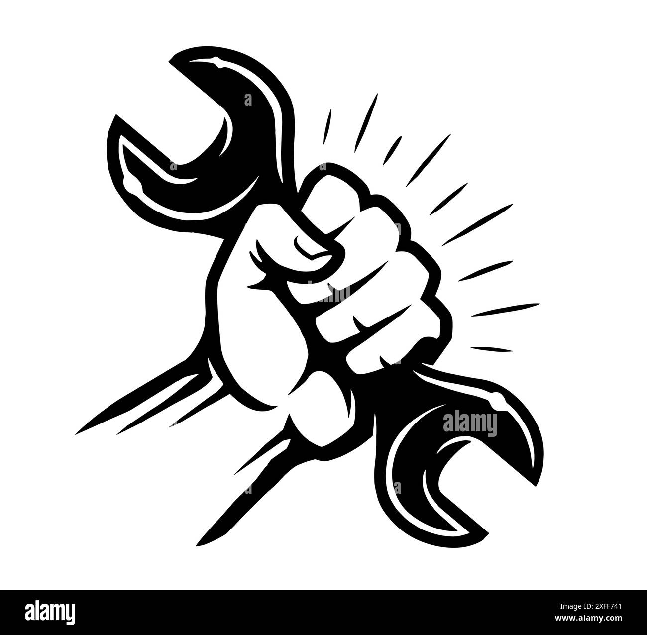 Emblème de clé à main. clé à outils dans le poing. Symbole ou logo de travail d'entretien, de réparation. Illustration vectorielle Illustration de Vecteur