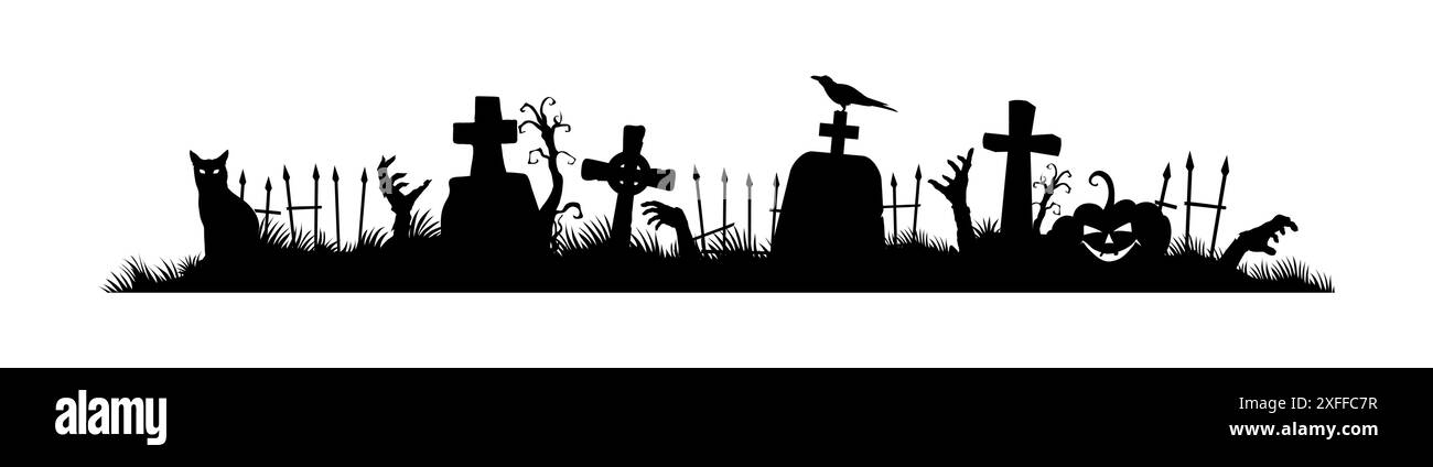 Bordure de cadre d'Halloween et séparateur avec silhouettes noires de mains de zombie, citrouilles, pierres tombales, croix funéraires, chat et corbeau, clôture de cimetière. Eléments décoratifs de vacances sinistres vectoriels isolés Illustration de Vecteur