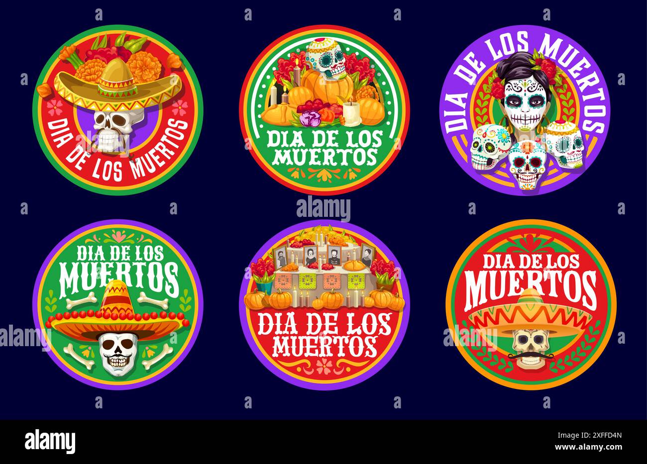 Jour des étiquettes des morts pour Dia de Los Muertos vacances mexicaines, calavera vecteur crânes dans sombrero. Dia de Los Muertos étiquettes avec Catrina calavera, ornement de fleurs de souci et photo morte sur l'autel Illustration de Vecteur