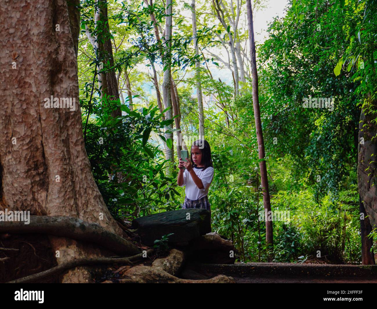 Les filles de touristes marchent sur des ponts en bois à Phu Thok ou Wat Chetiyakhiri, beau paysage de montagne, province de Bueng Kan, Thaïlande. Banque D'Images