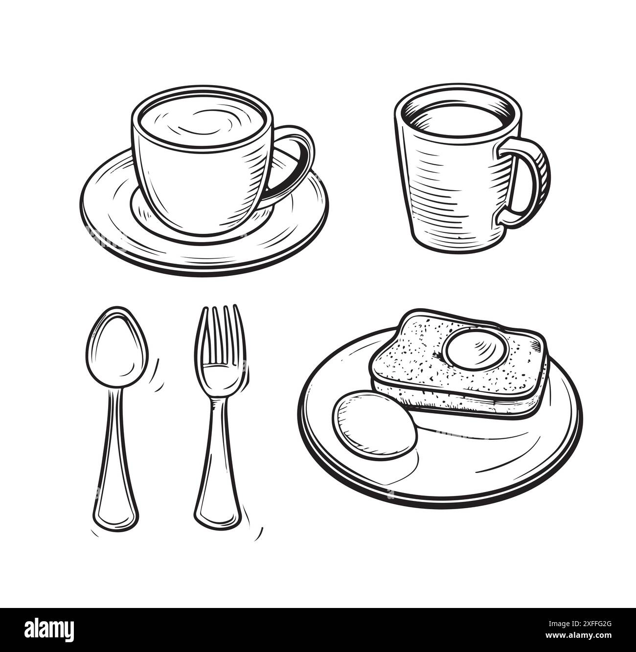 Petit-déjeuner traditionnel. Petit déjeuner anglais, toast au café, collection d'éléments alimentaires. Illustration vectorielle. Illustration de Vecteur