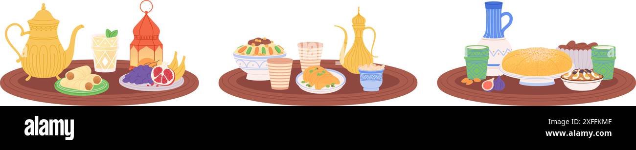 Nourriture arabe sur plateau. Cruches et pots marocains, vaisselle et tasses. Plats festifs de fête iftar, fruits et céréales dans des bols. Ensemble de repas Vector East Illustration de Vecteur