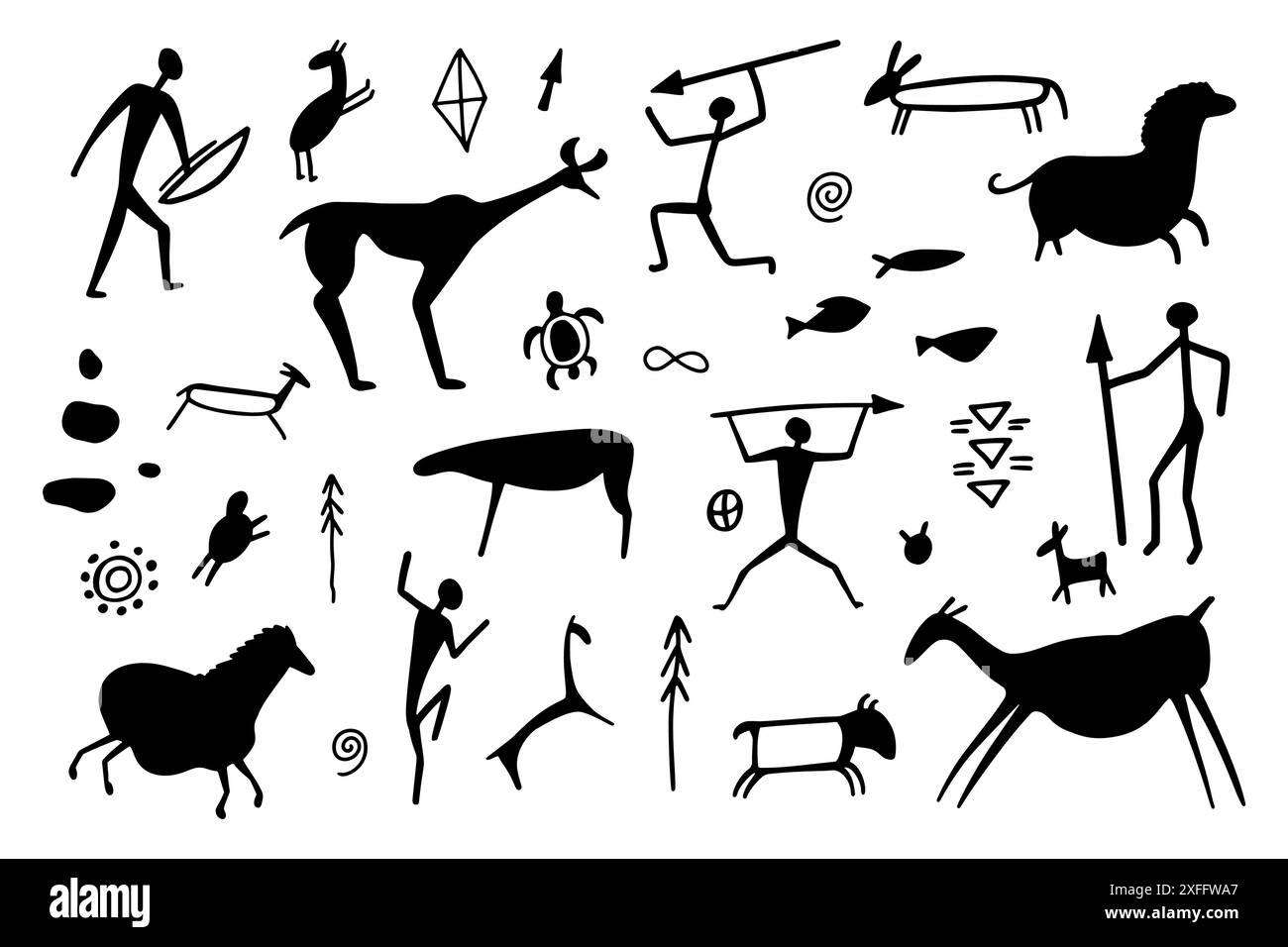 Silhouettes de grottes des premiers humains, accompagnées de chevaux, de cerfs et de taureaux, capturées dans le style des peintures rupestres anciennes. Dessin préhistorique Illustration de Vecteur