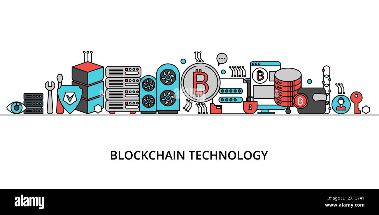 Concept de technologie blockchain, illustration vectorielle de conception de ligne mince plate Illustration de Vecteur