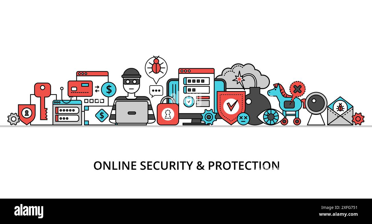 Concept de sécurité en ligne, de protection du réseau et de paiements en ligne sécurisés, illustration vectorielle de conception de ligne mince plate moderne, pour le graphisme et le web desig Illustration de Vecteur Concept de sécurité en ligne, de protection du réseau et de paiements en ligne sécurisés, illustration vectorielle de conception de ligne mince plate moderne, pour le graphisme et le web desig Illustration de Vecteur