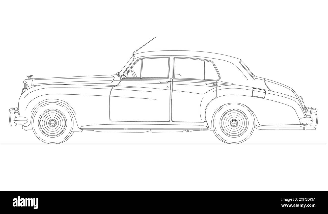 Royaume-Uni, année 1955, modèle Bentley S1, voiture classique vintage, silhouette esquissée sur fond blanc, illustration Banque D'Images