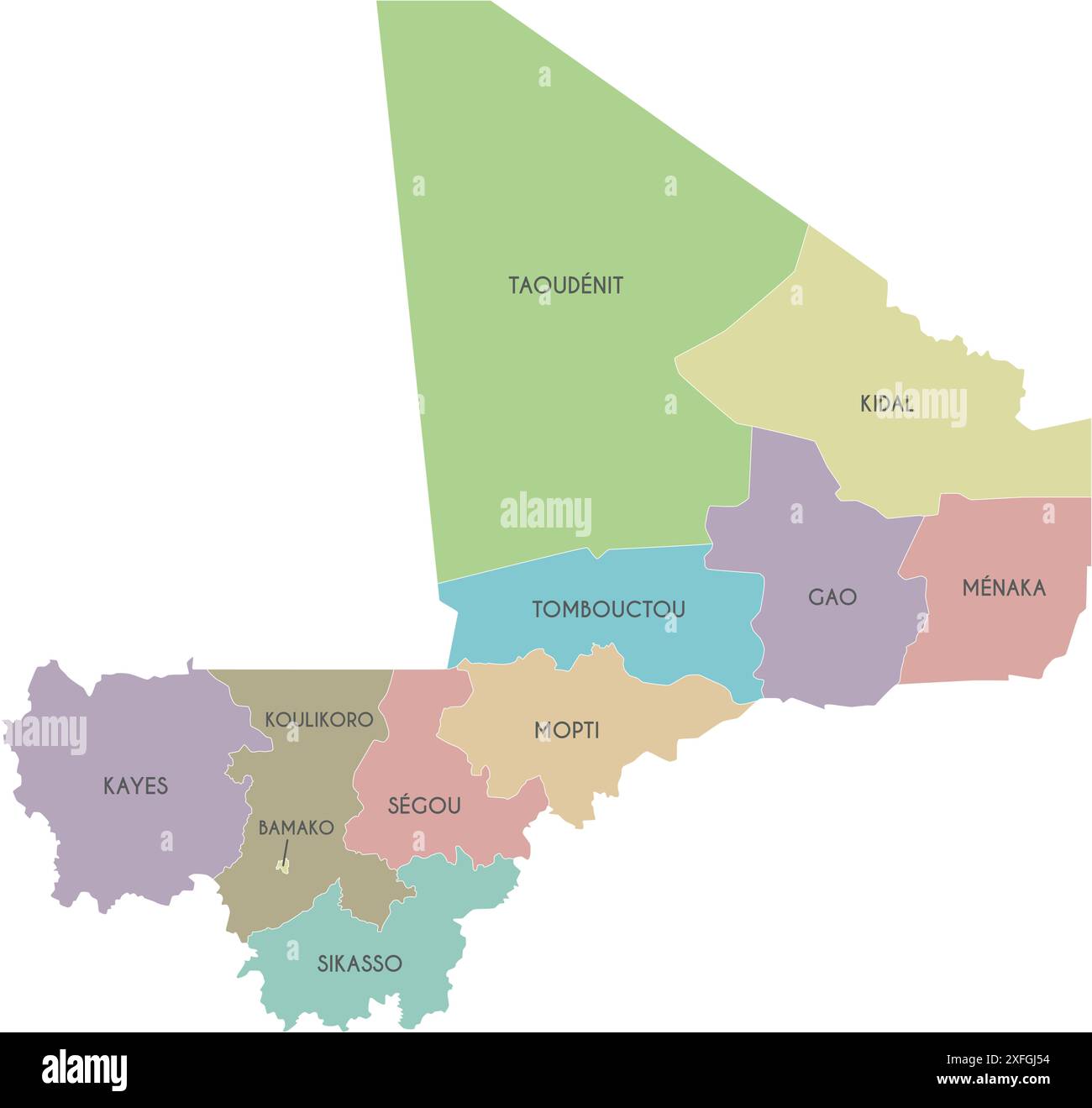 Carte vectorielle du Mali avec les régions, le district de la capitale et les divisions administratives. Calques modifiables et clairement étiquetés. Illustration de Vecteur