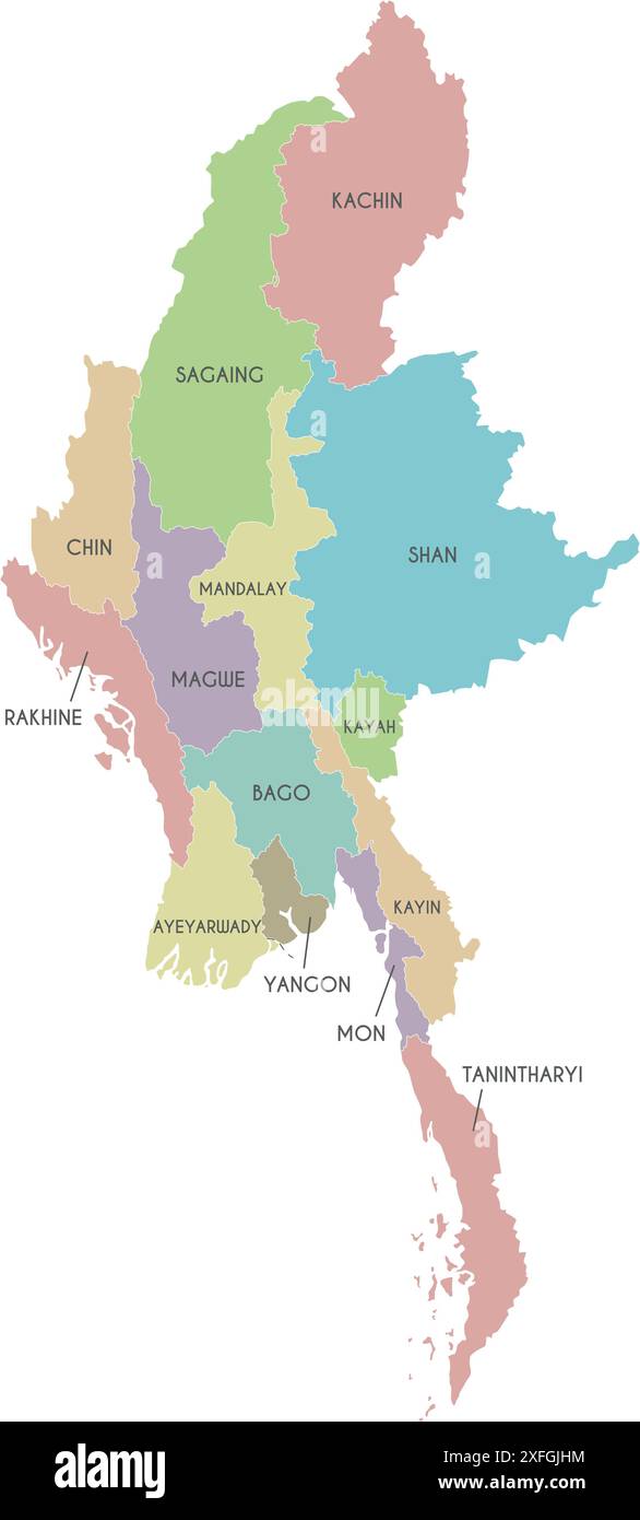 Carte vectorielle du Myanmar avec les régions, les états et les divisions administratives. Calques modifiables et clairement étiquetés. Illustration de Vecteur
