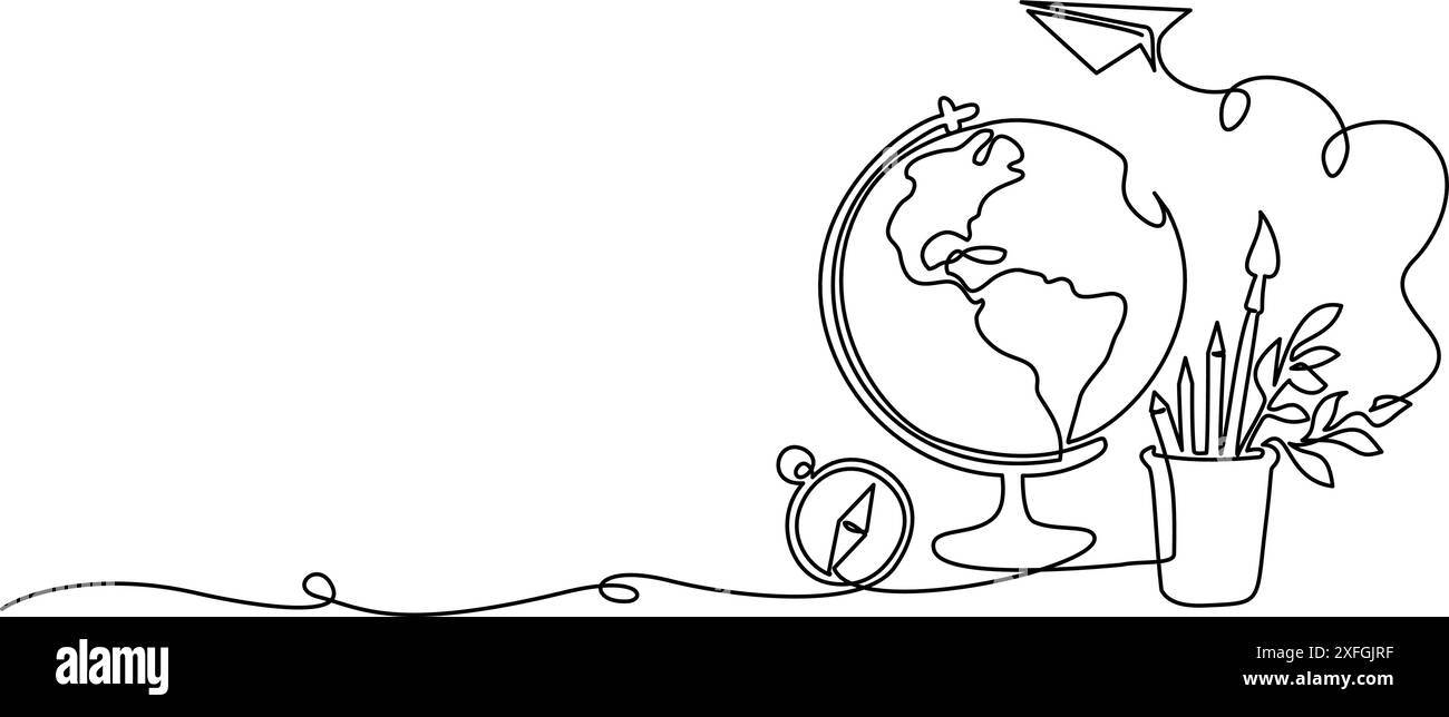 Globe, avion de papier, boussole, composition de stylos. Concept d'éducation de retour à l'école Illustration de Vecteur