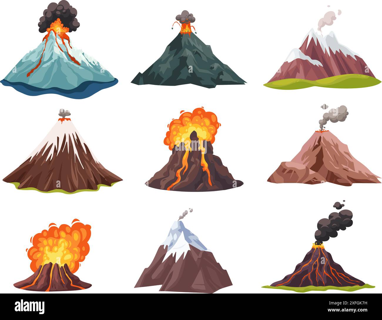 Éruption du volcan Cartoon. Volcans actifs faisant exploser la lave de feu et les cendres volcaniques, cratère rocheux de montagne sombre faisant éruption de magma explosion de cendres de nuage de poussière, illustration vectorielle ingénieuse Illustration de Vecteur