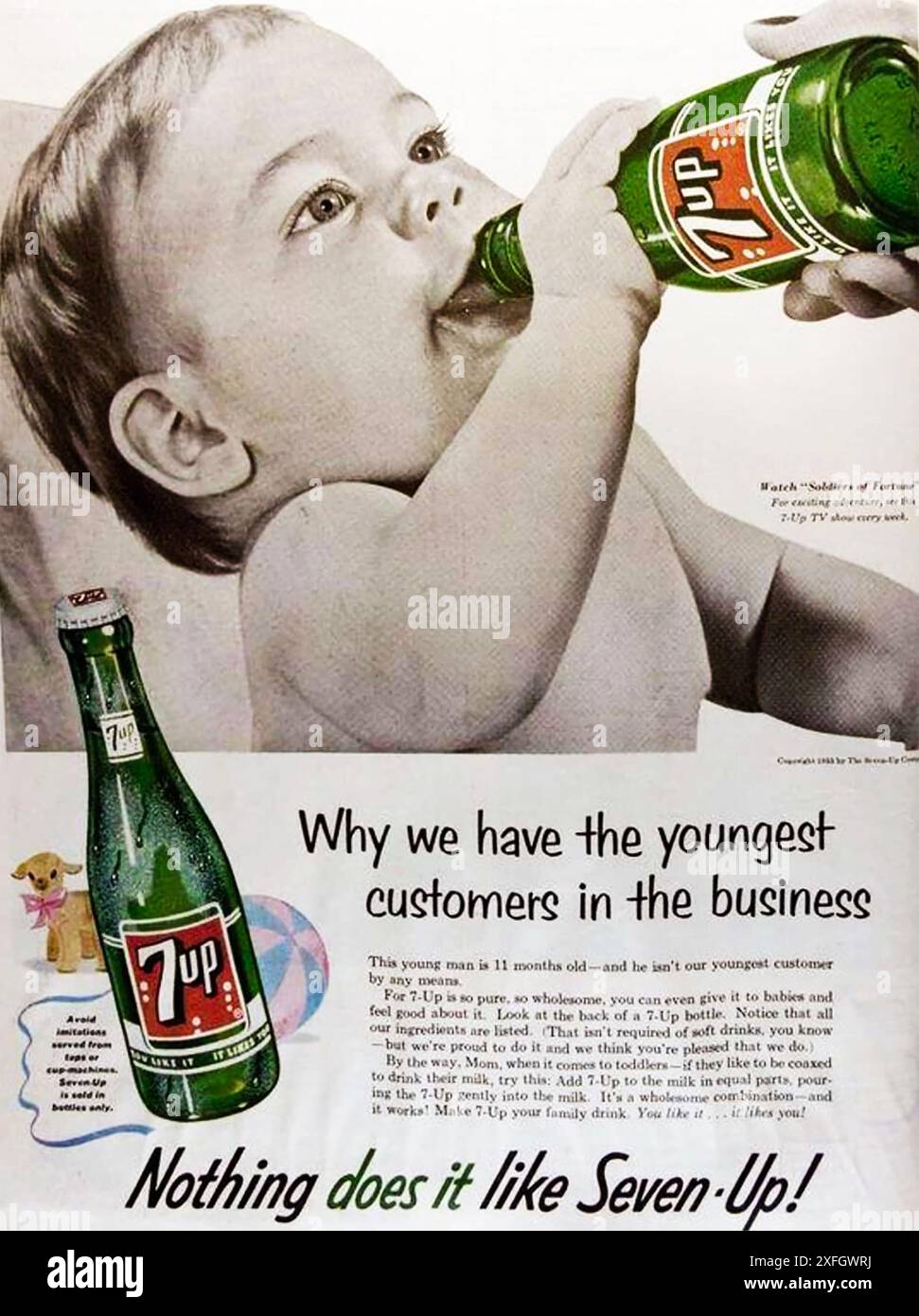 Publicité 7-UP dans les années 1970 La boisson a ses origines dans un médicament apaisant l'humeur. Banque D'Images