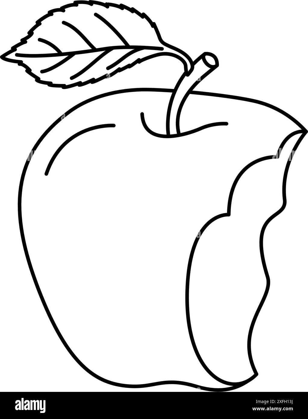 Une pomme mordue avec un ensemble d'icônes d'art de ligne de feuille. Mangé des fruits. Illustration vectorielle noire et blanche de style doodle dessinée à la main pour la page de coloriage. Illustration de Vecteur