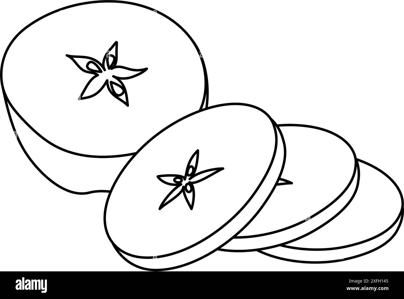 Couper la page de coloriage de dessin au trait Apple. Coupe transversale de pomme coupée, tranches de fruit noir et blanc illustration vectorielle. Style griffonnage dessiné à la main. Illustration de Vecteur