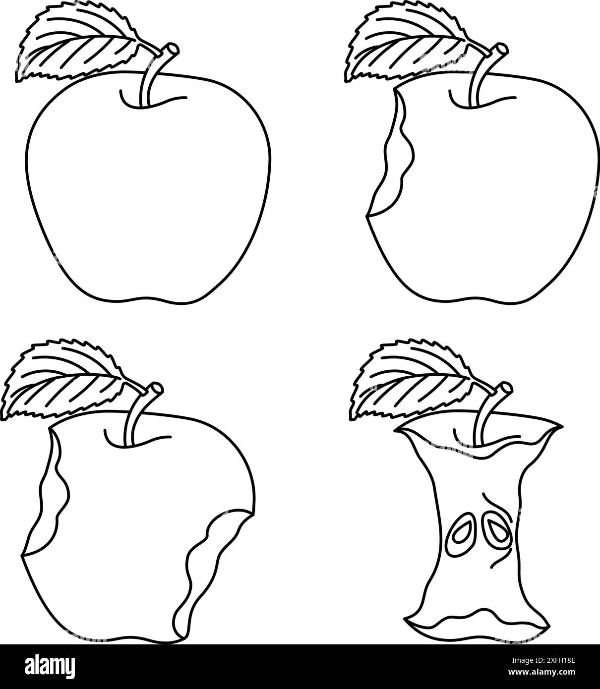 Jeu d'icônes de dessin au trait Apple mangeant Steps. Étapes de mordre pomme mûre de entier à moitié et noyau, animation de séquence de progression de morsure des fruits mangés. Illustration vectorielle de style doodle dessinée à la main Illustration de Vecteur