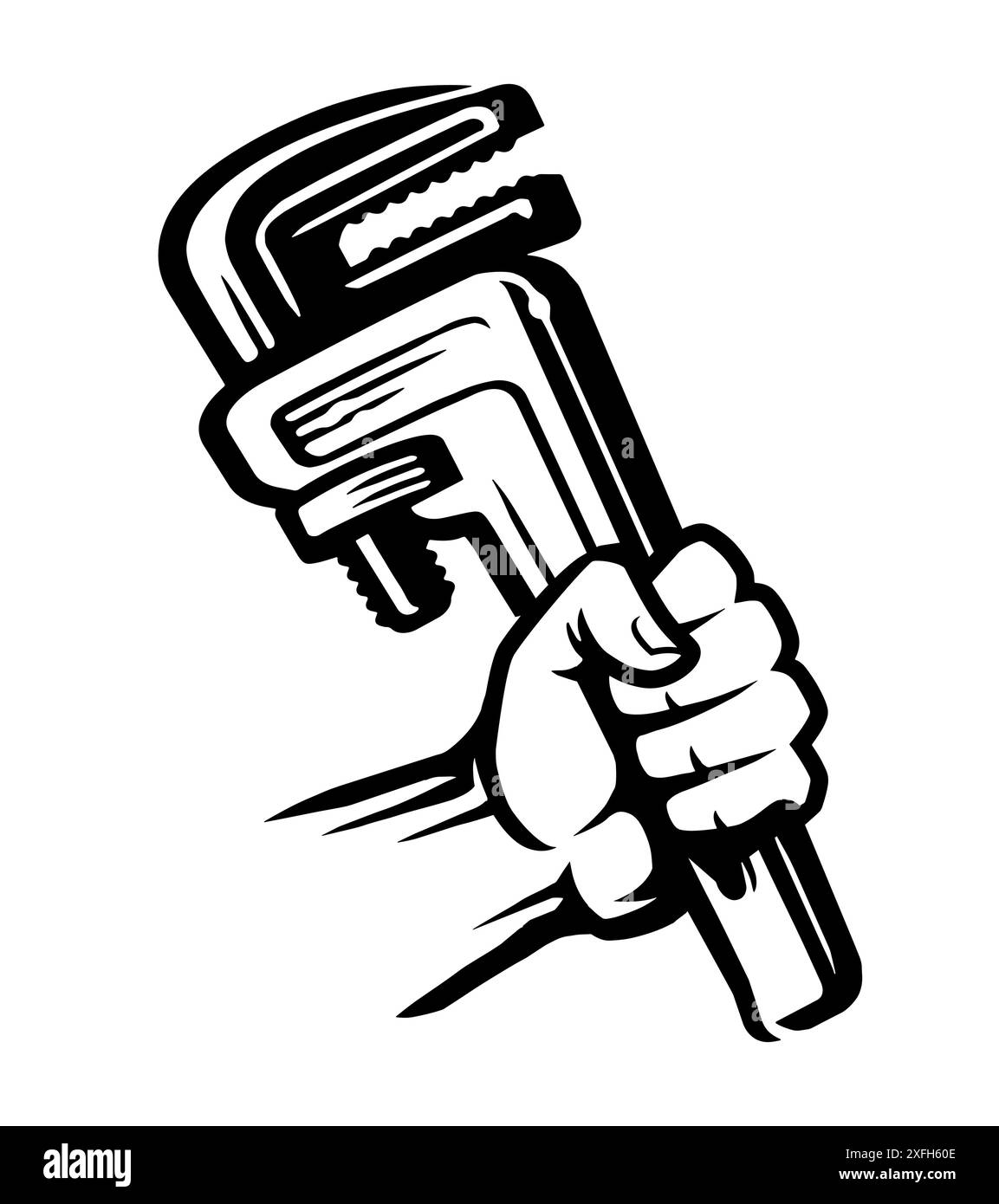 Clé de plomberie dans la main du plombier. Outil de construction et poing pour ouvriers. Illustration vectorielle noir et blanc Illustration de Vecteur