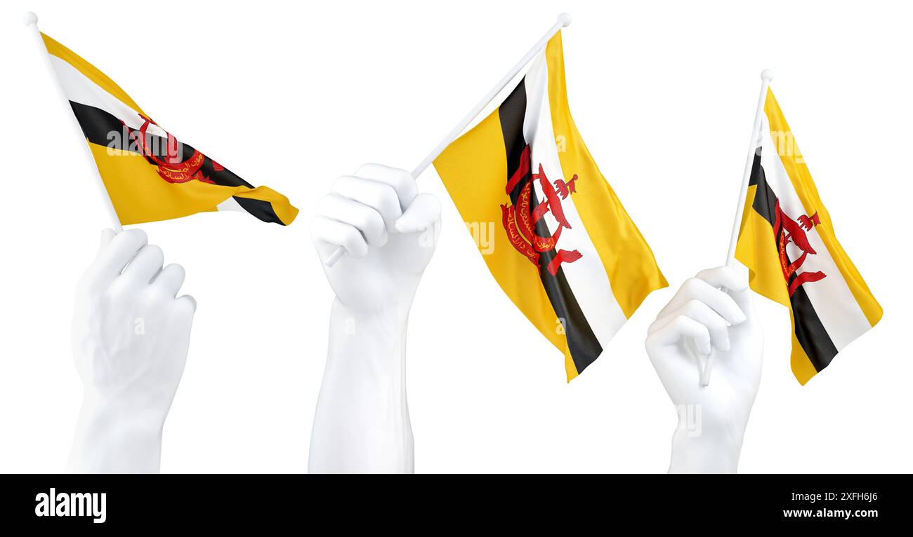 Mains agitant le drapeau de Brunei isolé sur blanc. Rendu 3D. Banque D'Images