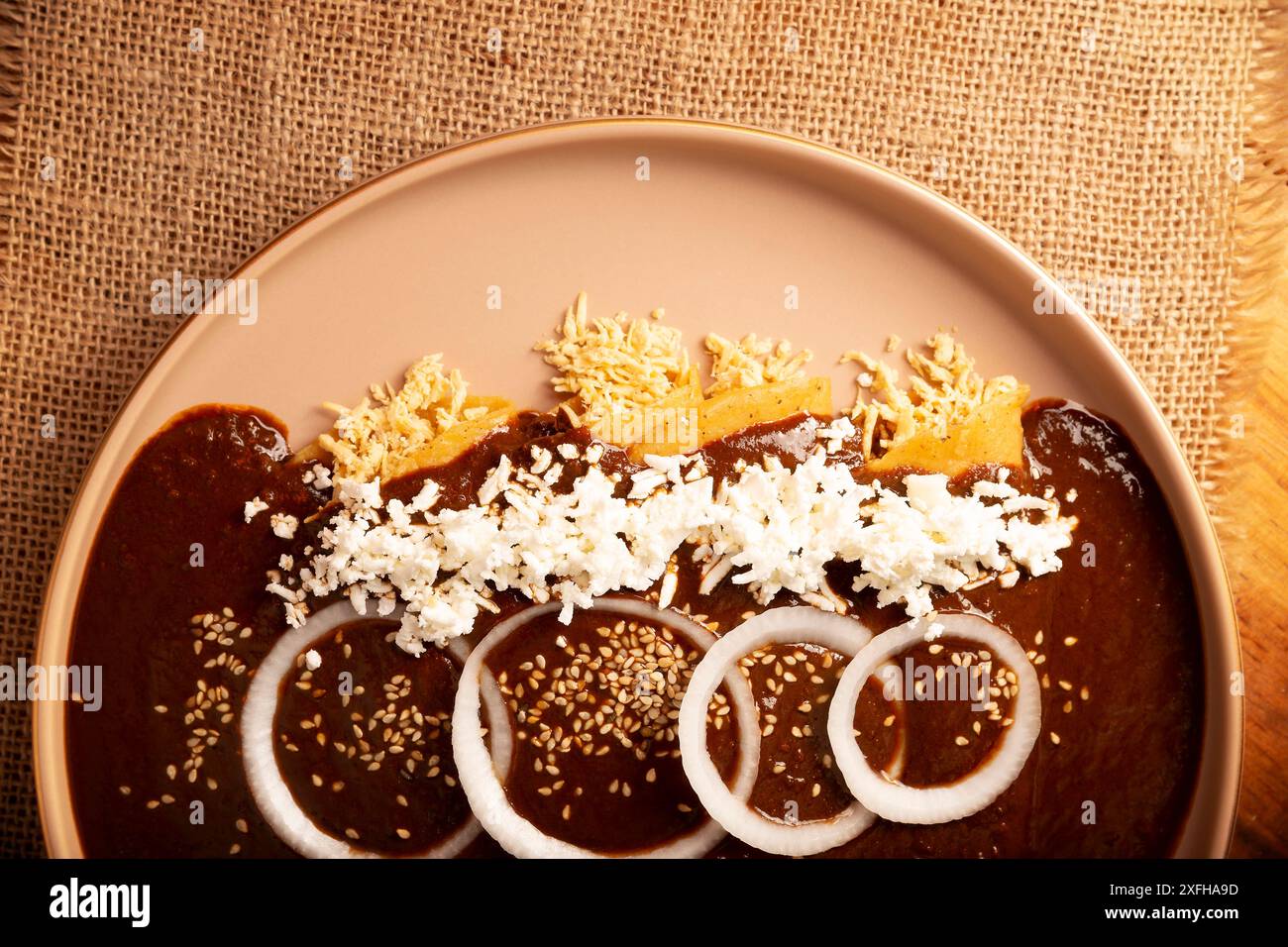 Enmoladas de poulet. Aussi connu sous le nom de mole poblano enchiladas, ils sont un plat mexicain typique qui est très populaire au Mexique et dans le reste du monde. Banque D'Images