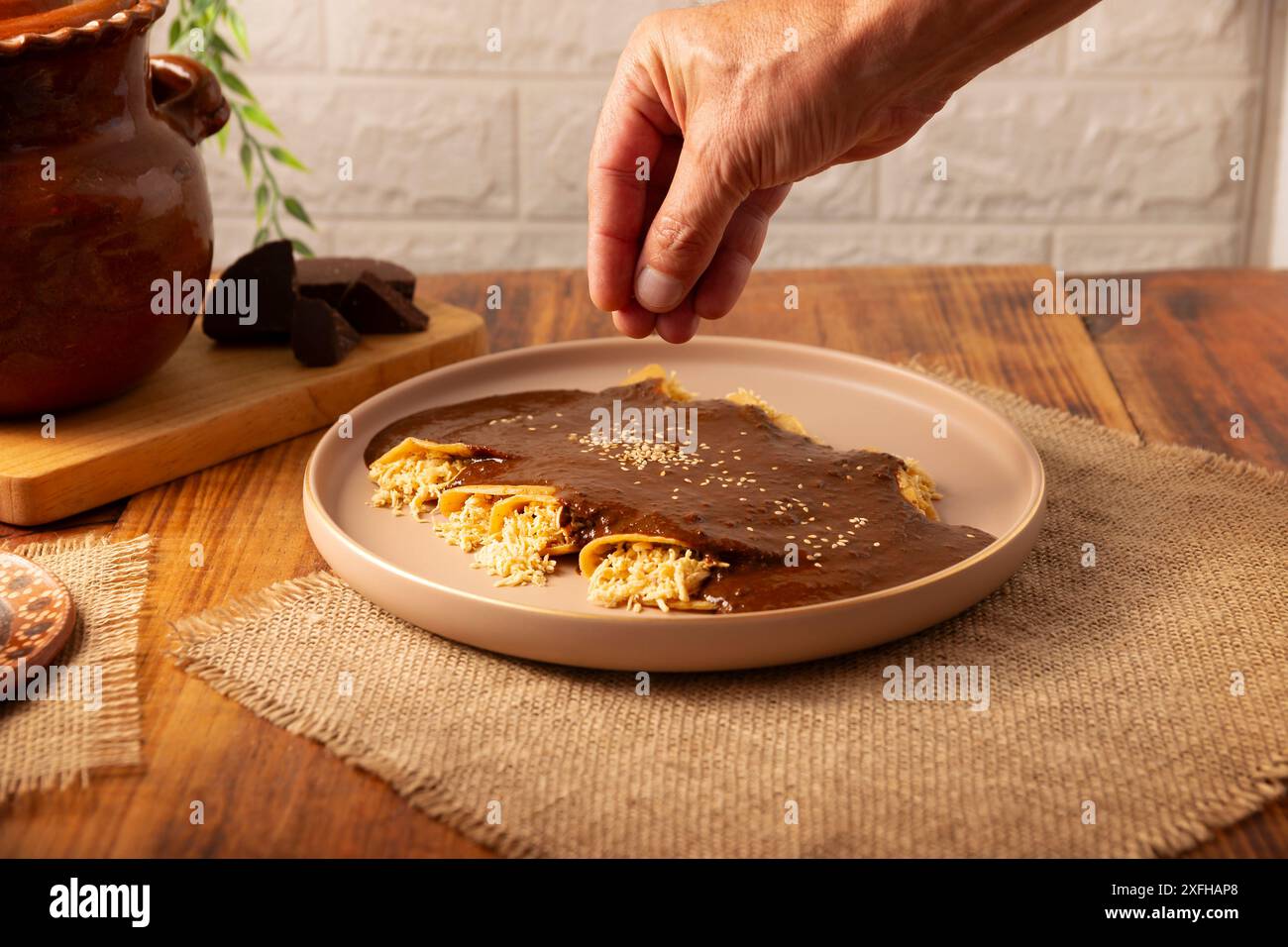 Enmoladas de poulet. Aussi connu sous le nom de mole poblano enchiladas, ils sont un plat mexicain typique qui est très populaire au Mexique et dans le reste du monde. Banque D'Images