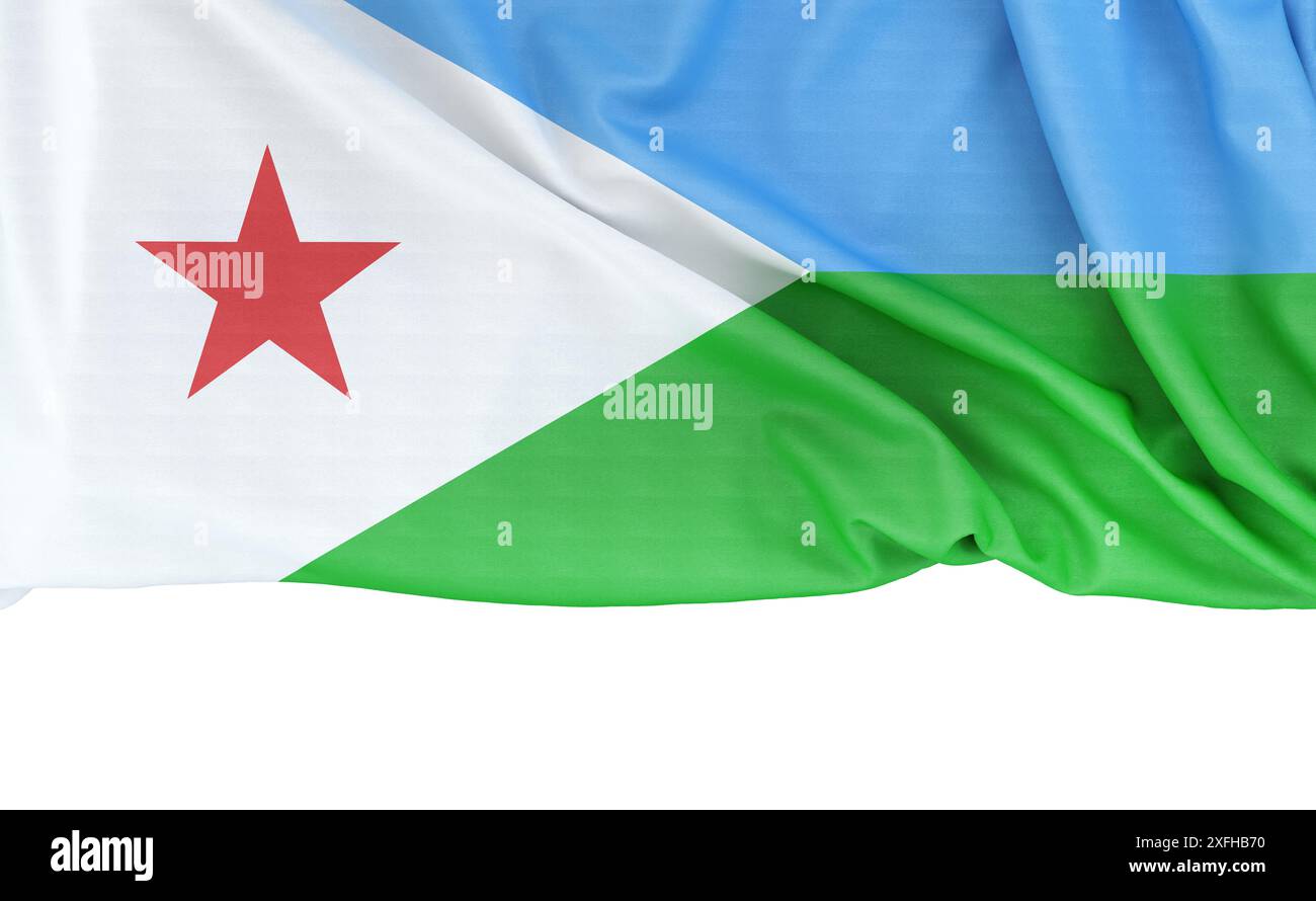 Drapeau de Djibouti isolé sur fond blanc avec espace de copie ci-dessous. Rendu 3D. Banque D'Images