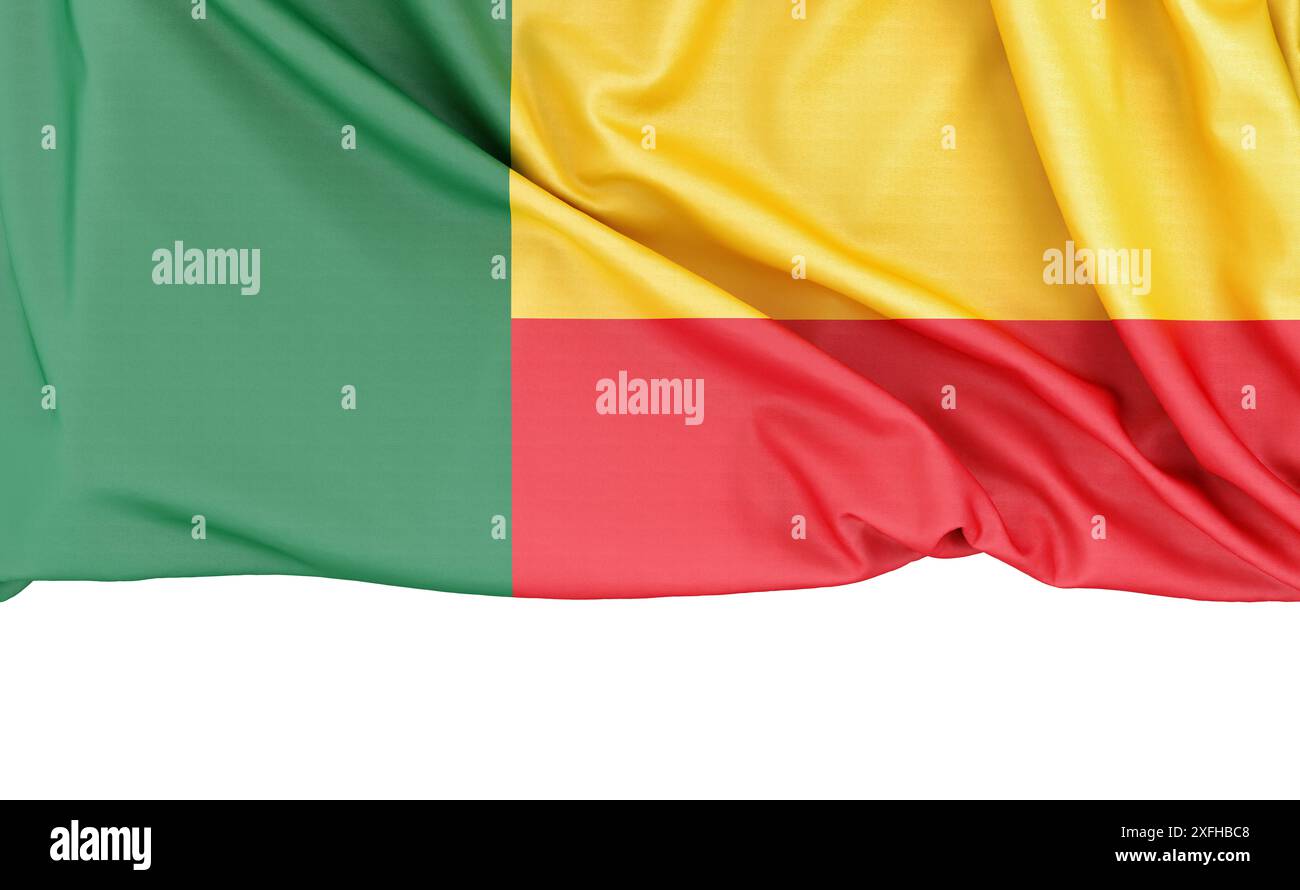 Drapeau du Bénin isolé sur fond blanc avec espace de copie ci-dessous. Rendu 3D. Banque D'Images