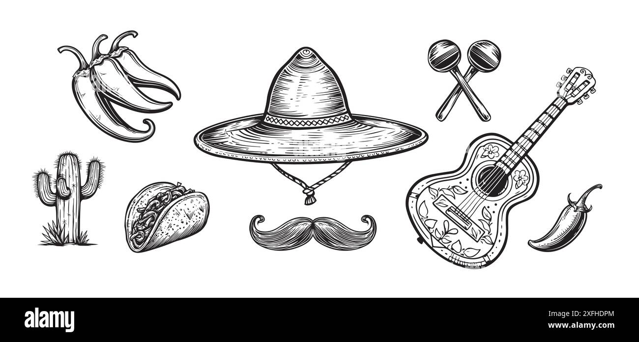 Icônes mexicaines définies. Cinco de Mayo, sombrero, chapeau mexicain guitarchilli poivre piment jalapeno, cactus, burrito. Illustration vectorielle dans le style d'esquisse Illustration de Vecteur