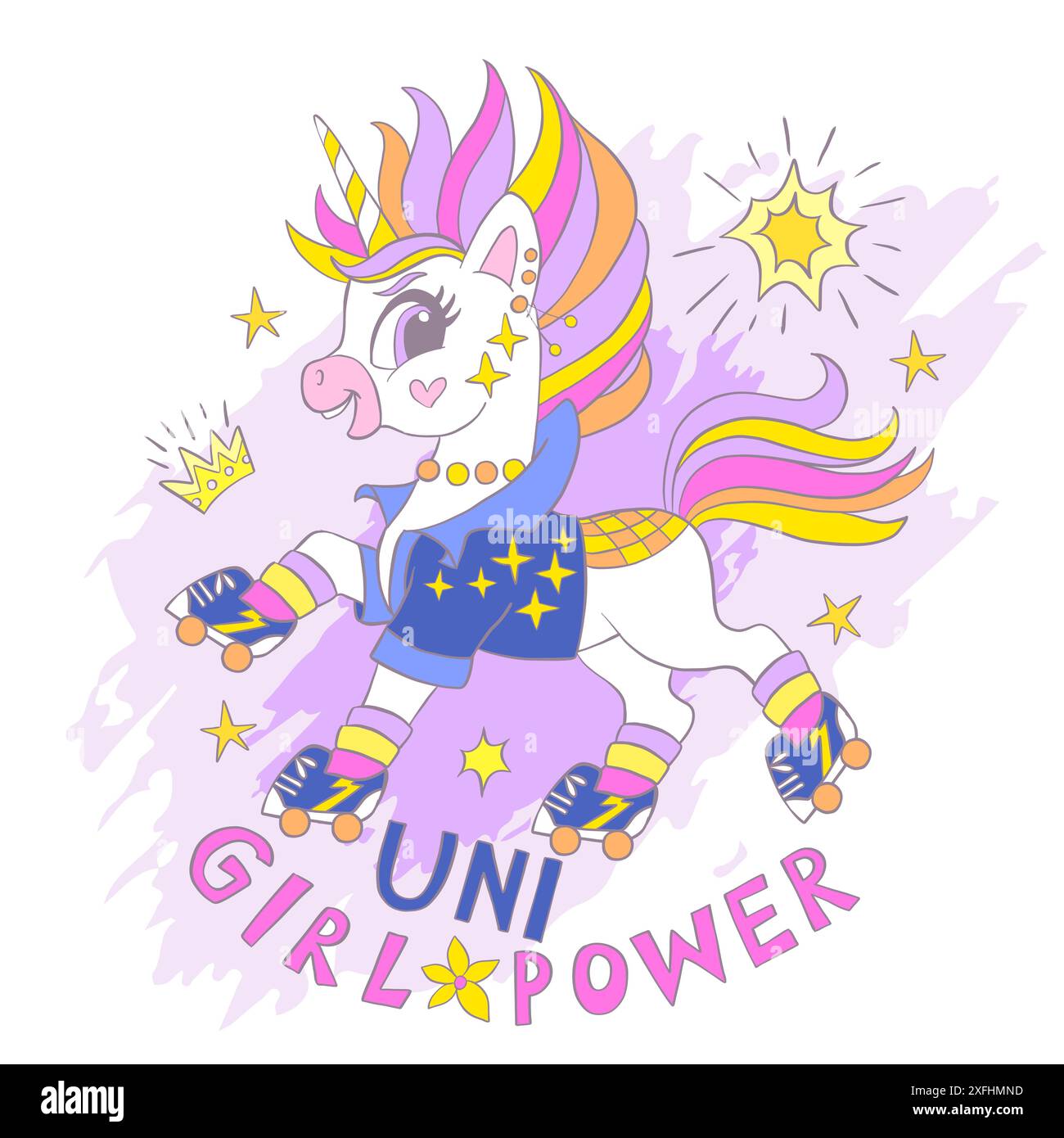 Carte de voeux avec licorne de dessin animé mignonne sur patins à roulettes et lettrage Uni Girl Power. Illustration vectorielle en couleurs pastel. Concept d'anniversaire. Pour PRI Illustration de Vecteur
