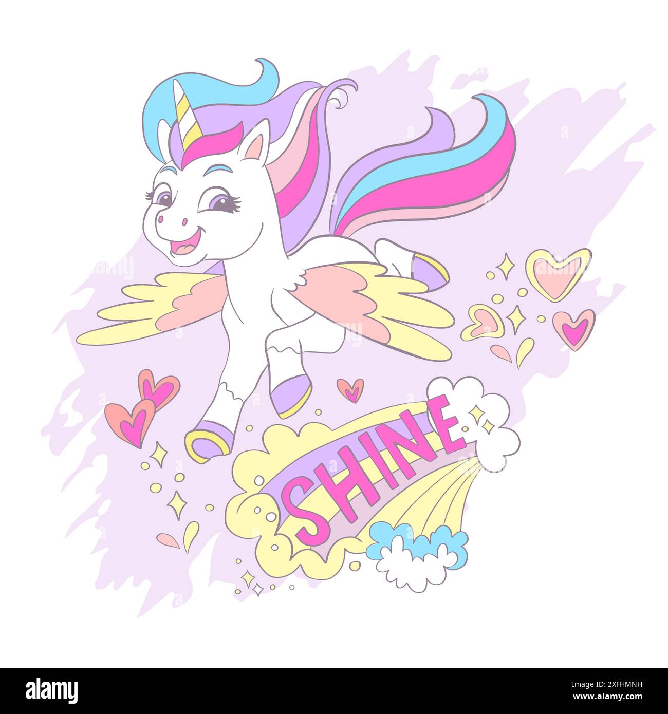 Carte de voeux avec licorne de dessin animé mignonne avec des ailes et le lettrage Make Your Dreams Come True. Illustration vectorielle en couleurs pastel. Concept d'anniversaire. F Illustration de Vecteur