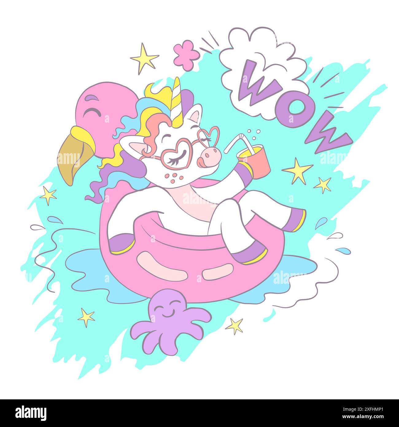 Carte de voeux avec licorne mignonne dans un flamant circulaire gonflable dans l'eau et lettrage Wow. Illustration vectorielle en couleurs pastel. Concept d'anniversaire. F Illustration de Vecteur