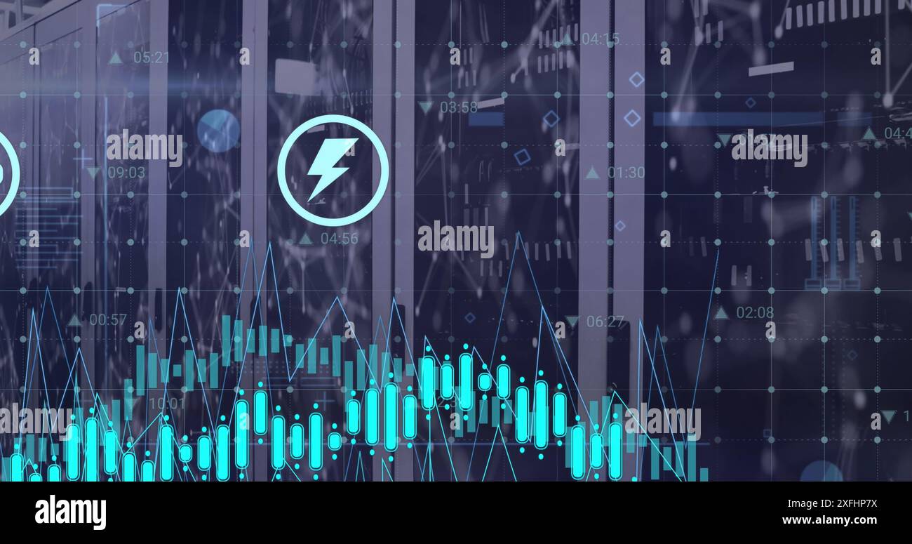 Illustration de plusieurs graphiques et icônes sur des points connectés sur des racks de serveurs de données dans la salle des serveurs Banque D'Images