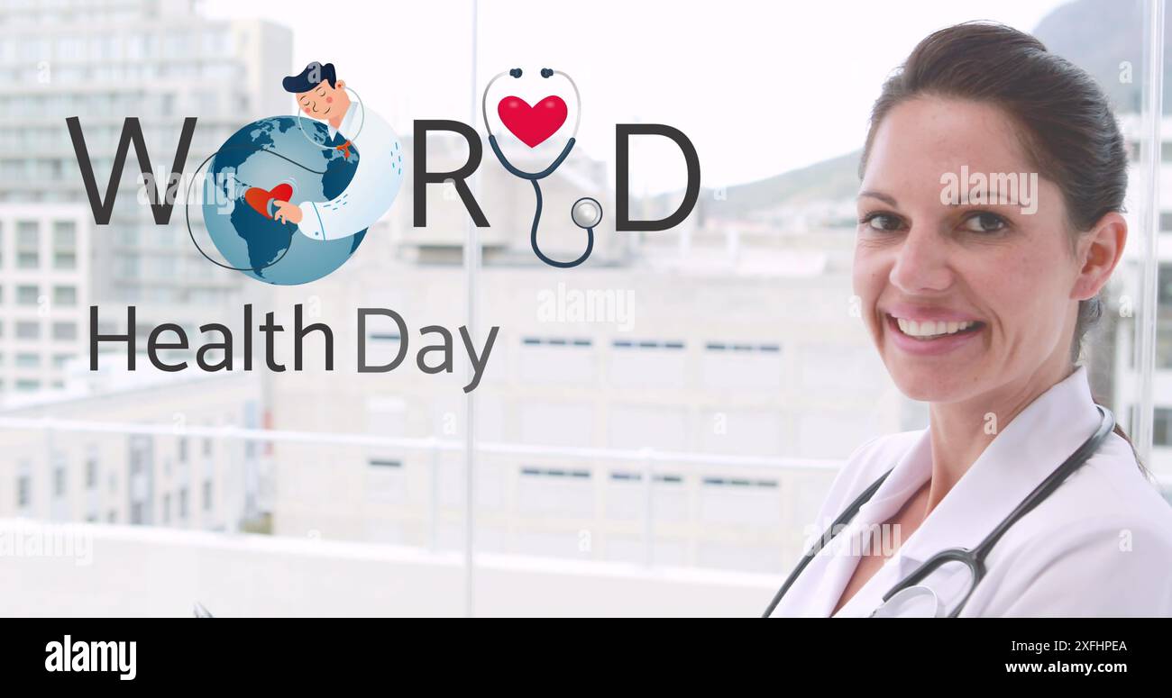 Image du texte et du logo de la journée mondiale de la santé au-dessus du sourire médecin féminin caucasien utilisant la tablette Banque D'Images