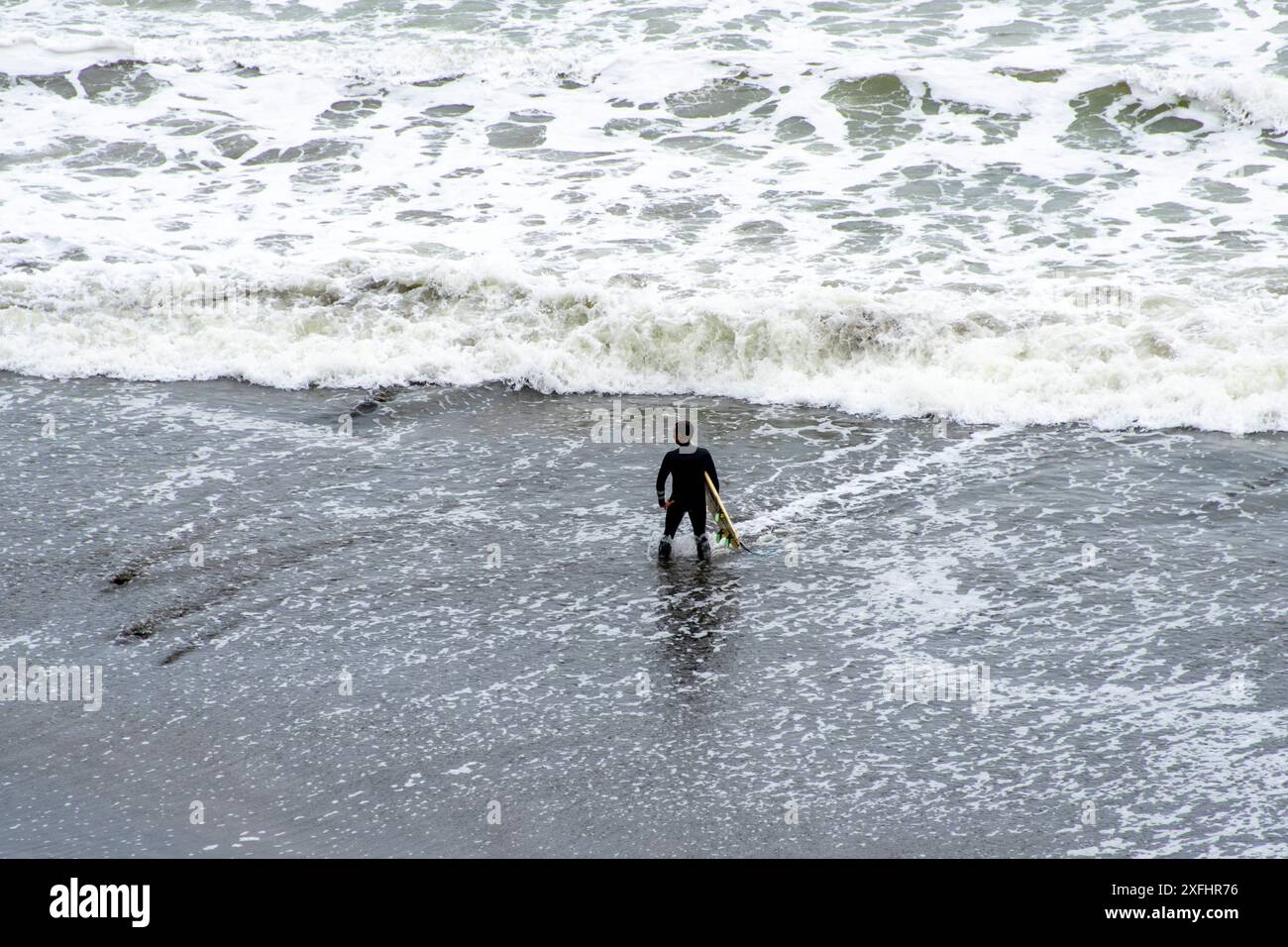 Surfeur à Muriwai Gannet Colony Beach - Nouvelle-Zélande Banque D'Images