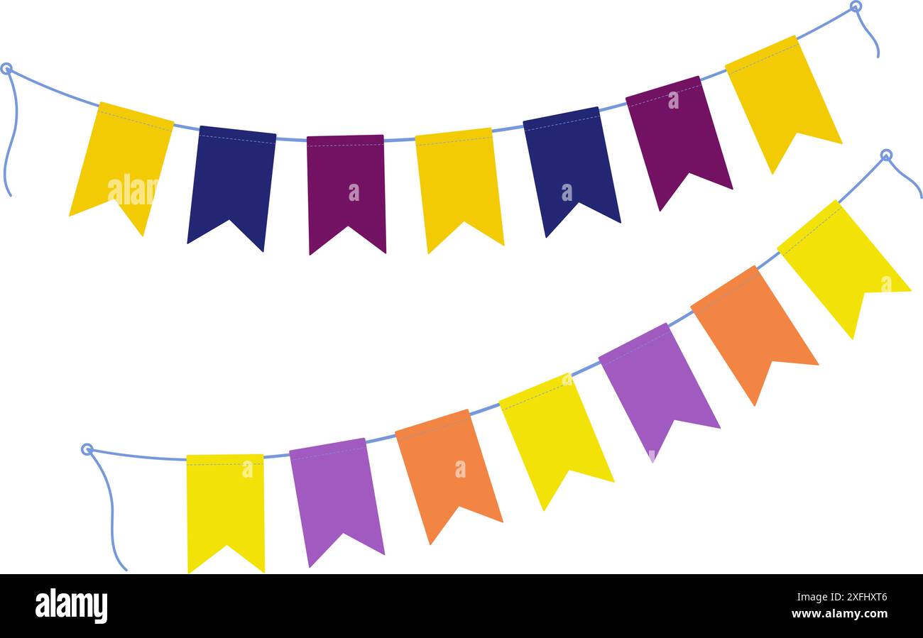 Guirlandes de fanions de vacances sur une corde dans les nuances d'Halloween à la mode lumineux et doux ensemble d'idée de conception de voeux de 2 cartes vectorielles EPS isolées, affiche, bannière, brochure, étiquette de prix, label ou web, concept promo Illustration de Vecteur
