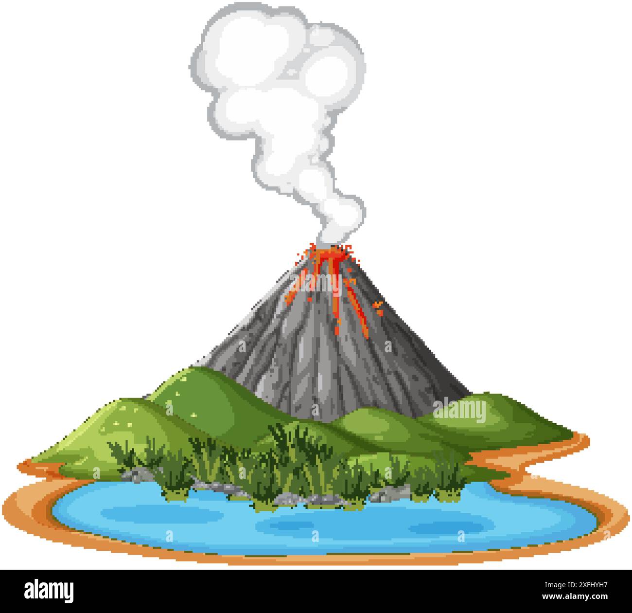 Volcan en éruption de fumée et de lave près d'un lac Illustration de Vecteur