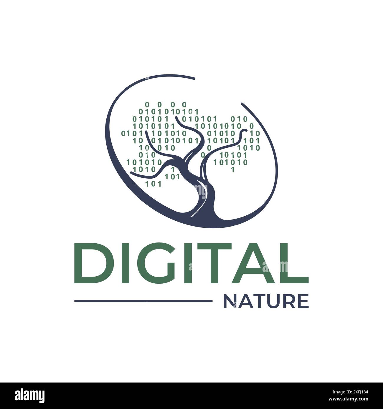 Modèle de logo de cercle de cercle de nature d'arbre sec ramifié de code binaire numérique Illustration de Vecteur